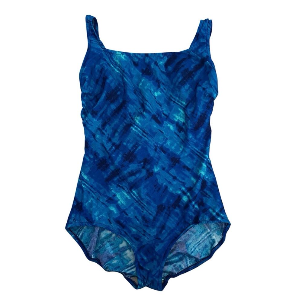 Vintage Roxanne Bra Sized One Piece Swimsuit Women’s 14 36B Blue Abstract Ruched